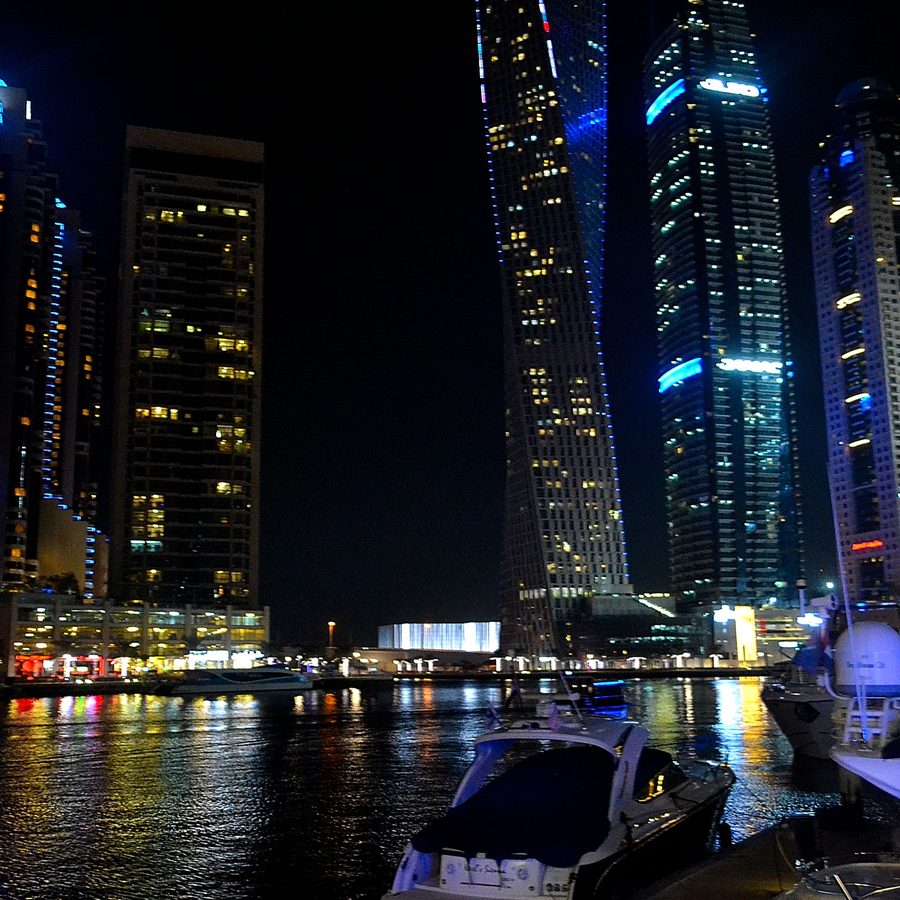 Dubai Marina skyline lit up at night